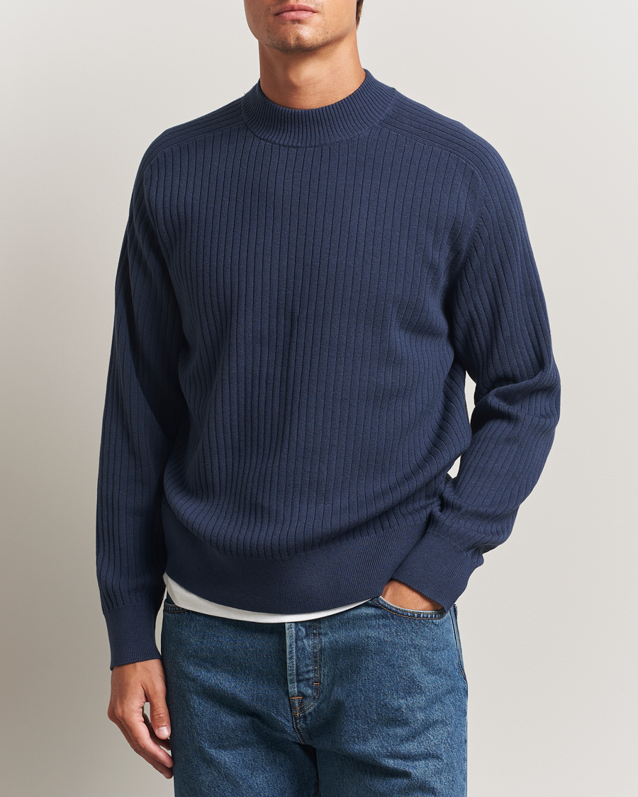 Homme | Pulls Et Tricots | Filippa K | Cotton Merino Knitted Mock Neck Sweater Dusk Blue