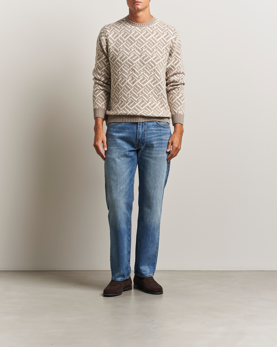Homme | Pulls Et Tricots | Stenströms | Brushed Merino Vintage Pattern Crew Neck White/Brown