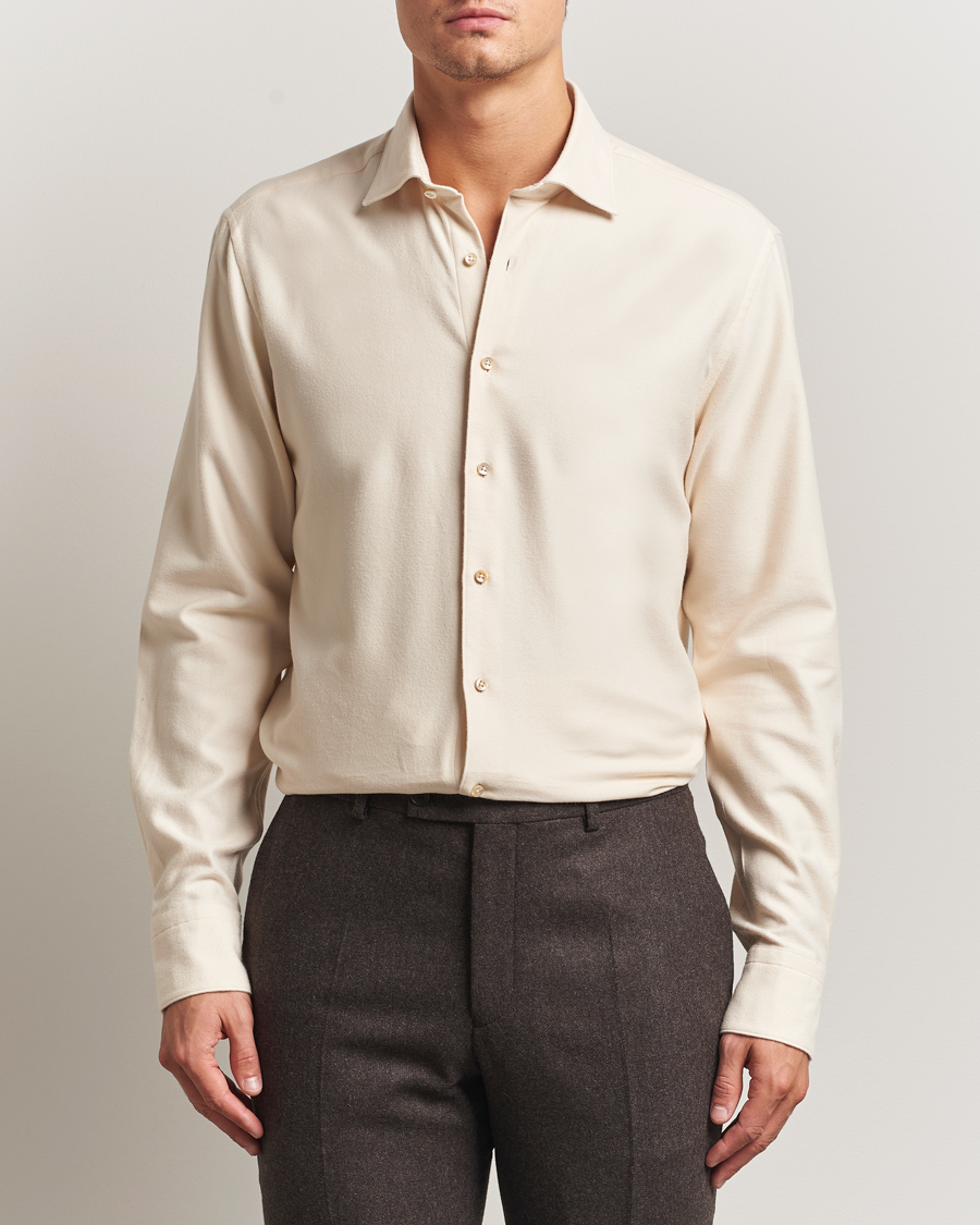 Heren | Overhemden | Stenströms | Regular Fit Cut Away Flannel Shirt Light Beige