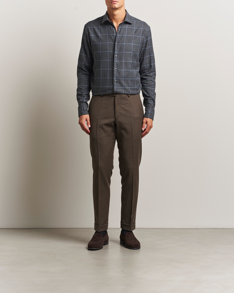 Homme | Chemises | Stenströms | Regular Fit Overcheck Flannel Shirt Dark Grey