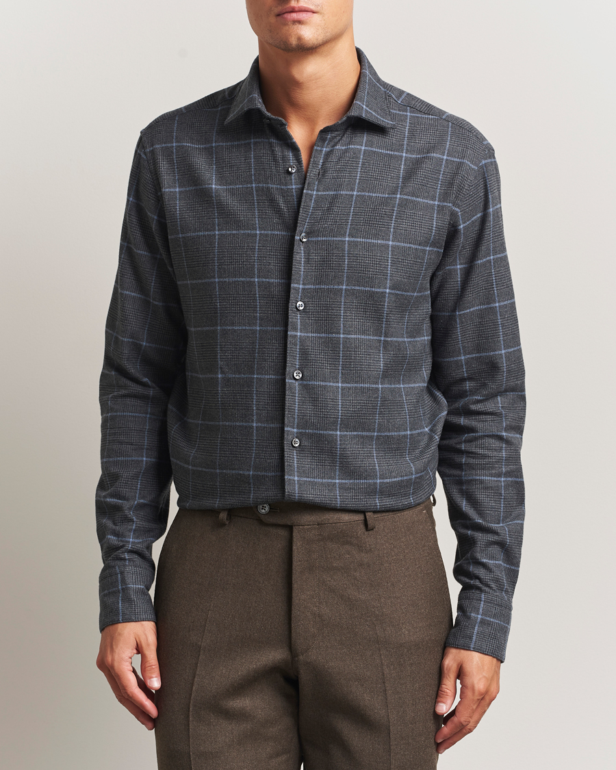 Heren | Overhemden | Stenströms | Regular Fit Overcheck Flannel Shirt Dark Grey