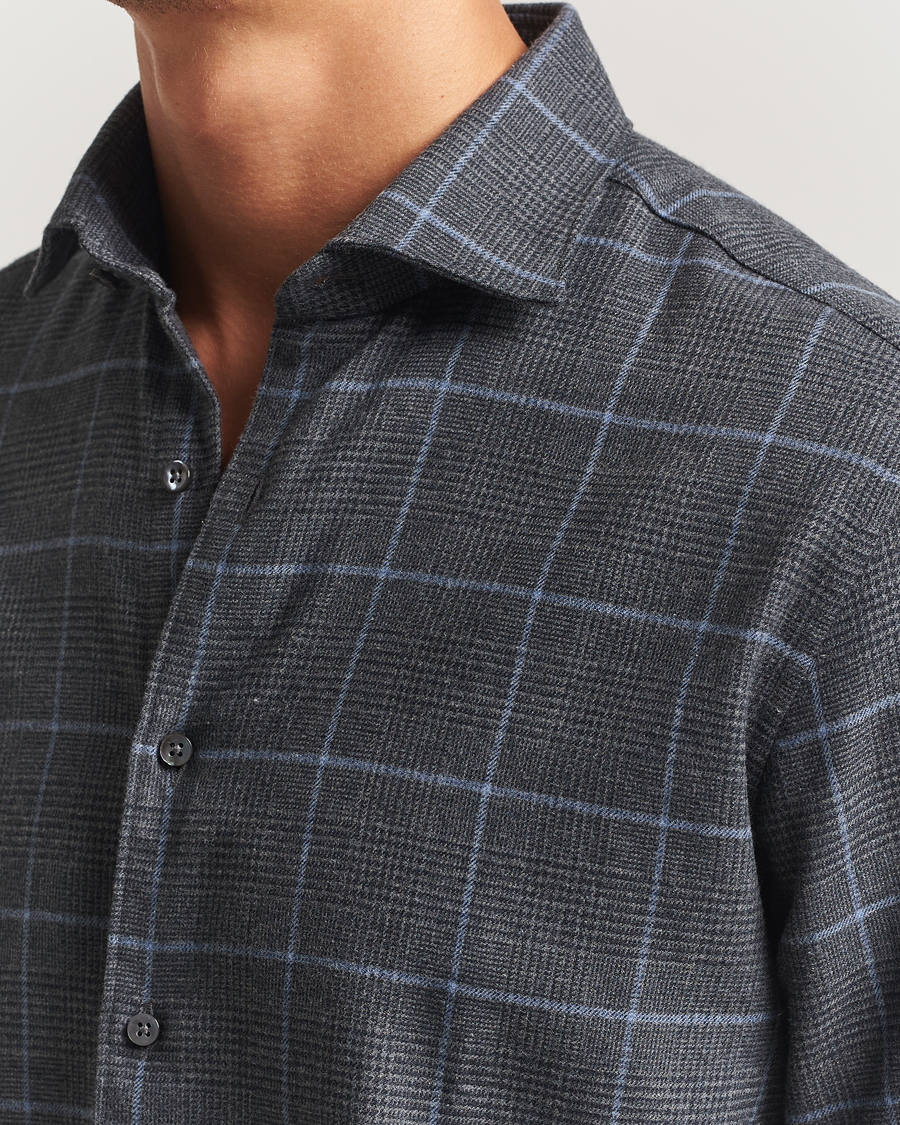 Heren | Overhemden | Stenströms | Regular Fit Overcheck Flannel Shirt Dark Grey