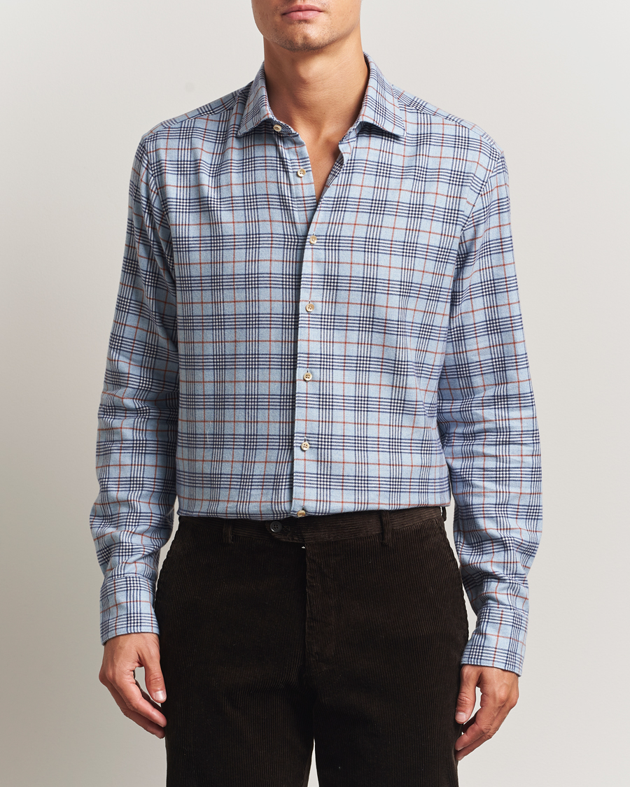 Heren | Overhemden | Stenströms | Regular Fit Cut Away Check Flannel Shirt Blue