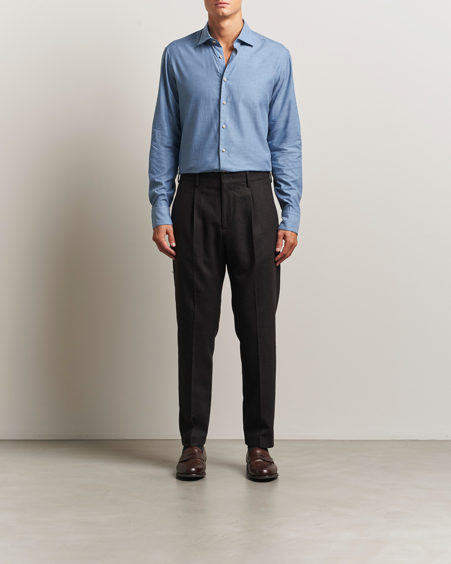 Homme | Chemises | Stenströms | Regular Fit Brushed Mini Herringbone Shirt Blue