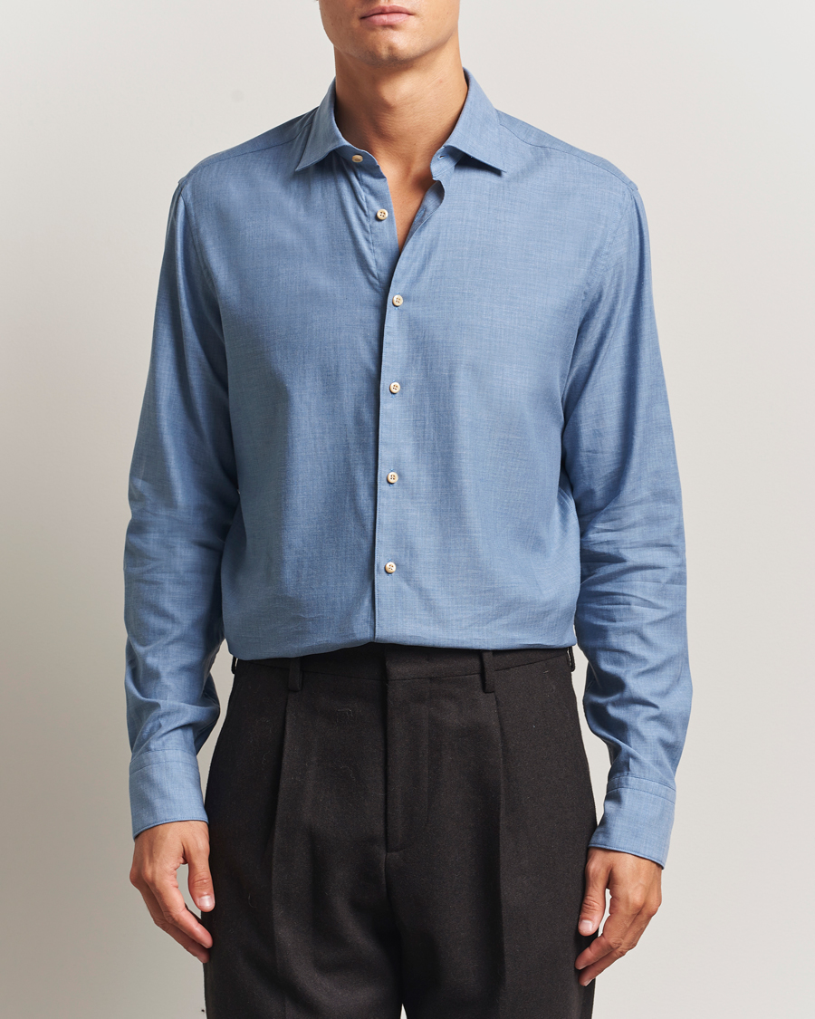 Homme | Chemises | Stenströms | Regular Fit Brushed Mini Herringbone Shirt Blue