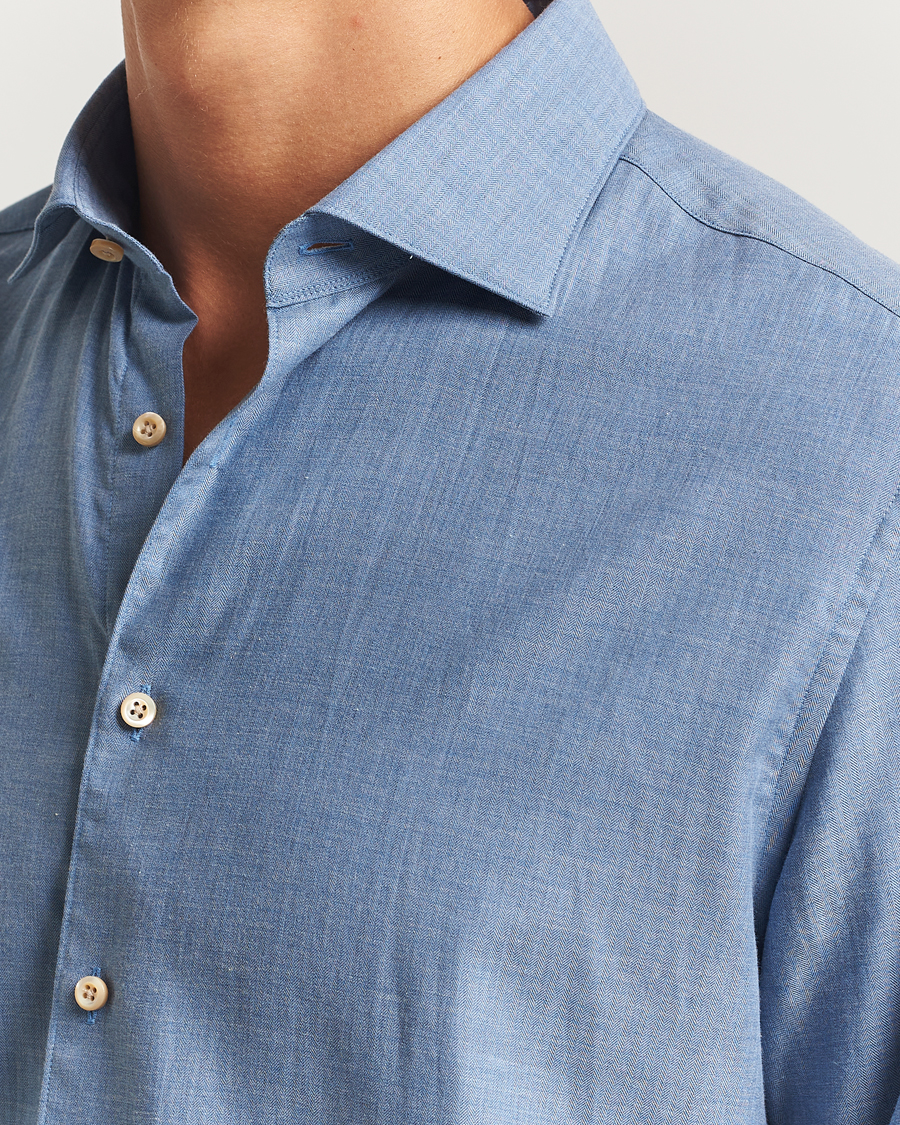 Homme | Chemises | Stenströms | Regular Fit Brushed Mini Herringbone Shirt Blue