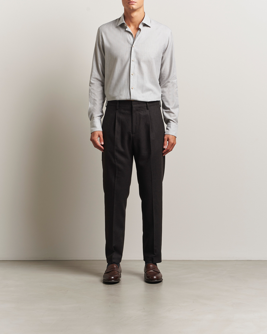 Heren | Overhemden | Stenströms | Regular Fit Brushed Mini Herringbone Shirt Grey