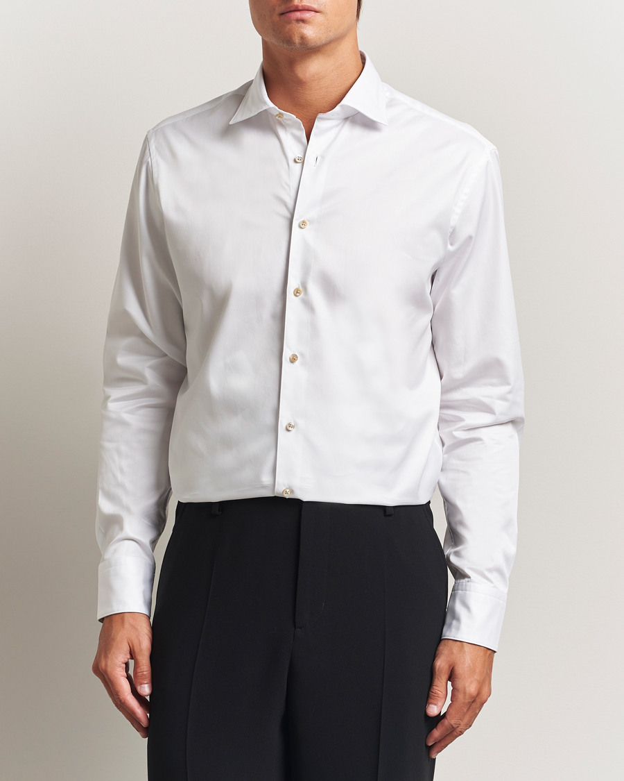 Homme | Chemises | Stenströms | Regular Fit Cotton Twill Contrast Shirt White