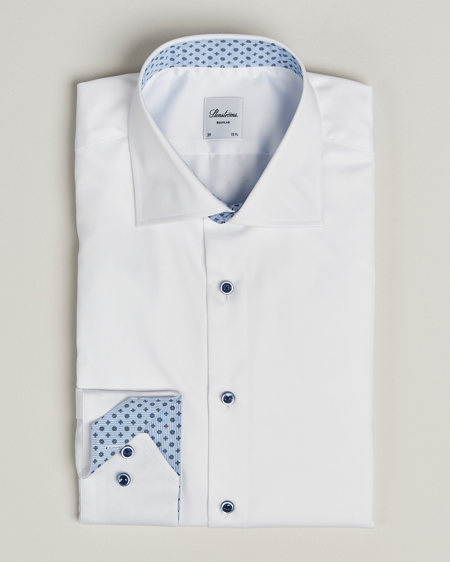 Homme | Chemises | Stenströms | Regular Fit Cotton Twill Contrast Shirt White