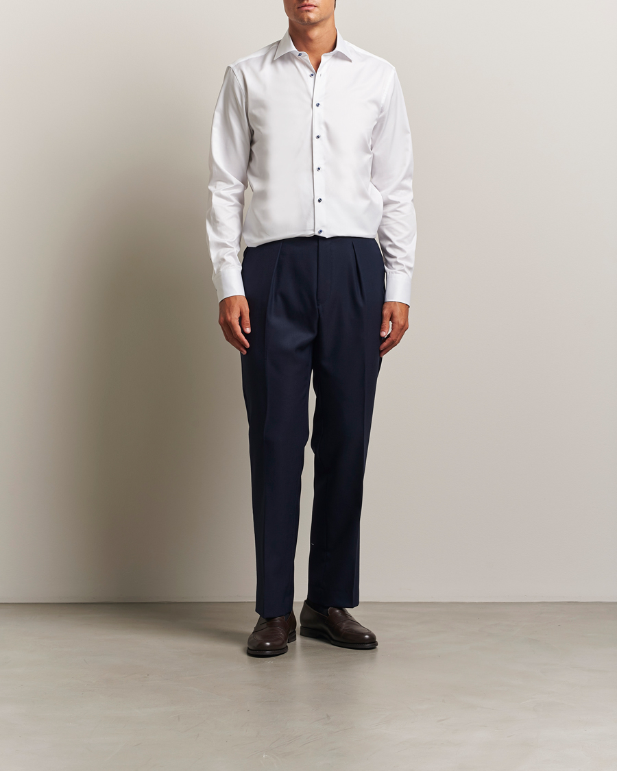Homme | Chemises | Stenströms | Regular Fit Cotton Twill Contrast Shirt White