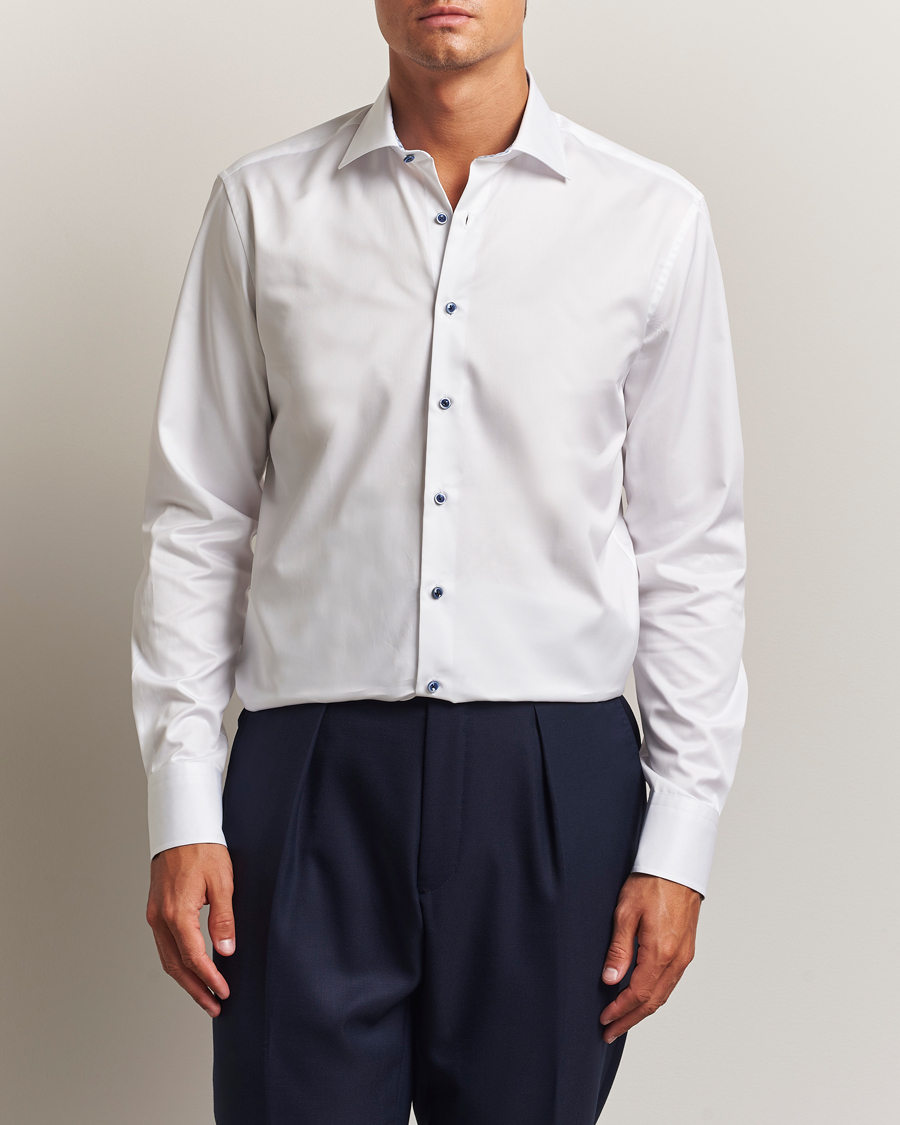 Homme | Chemises | Stenströms | Regular Fit Cotton Twill Contrast Shirt White