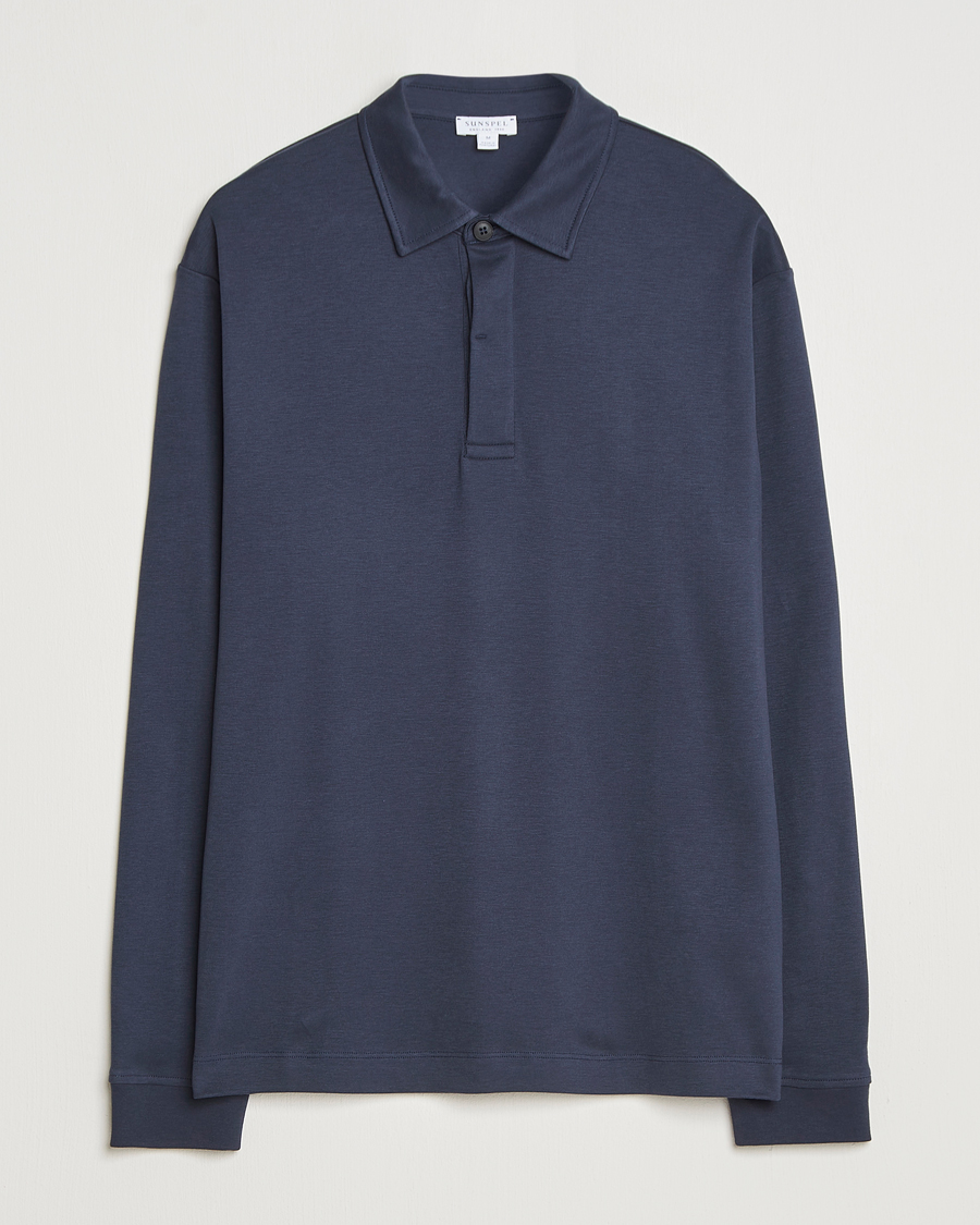 Homme | Polos | Sunspel | Heavy Weight Supima Cotton Long Sleeve Polo Navy