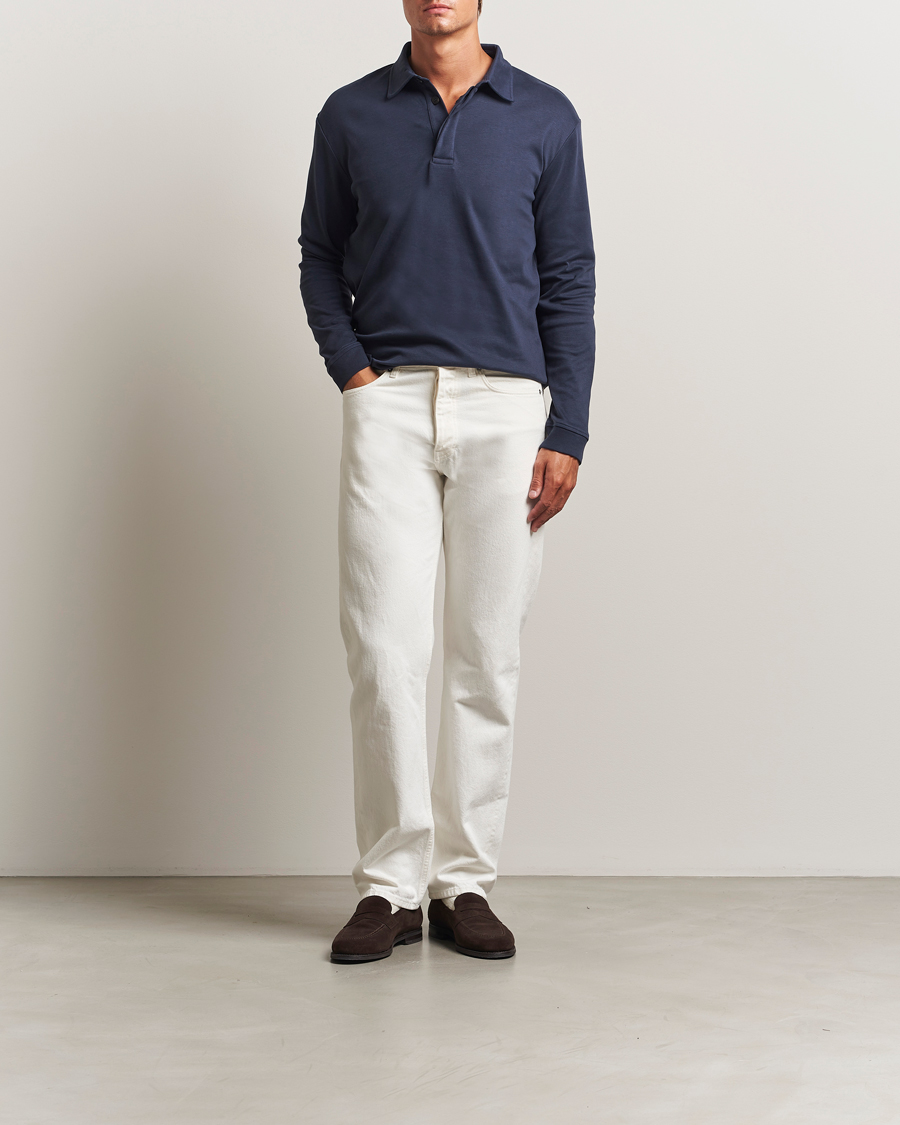 Homme | Polos | Sunspel | Heavy Weight Supima Cotton Long Sleeve Polo Navy