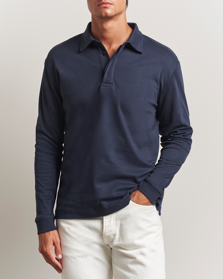 Homme | Polos | Sunspel | Heavy Weight Supima Cotton Long Sleeve Polo Navy