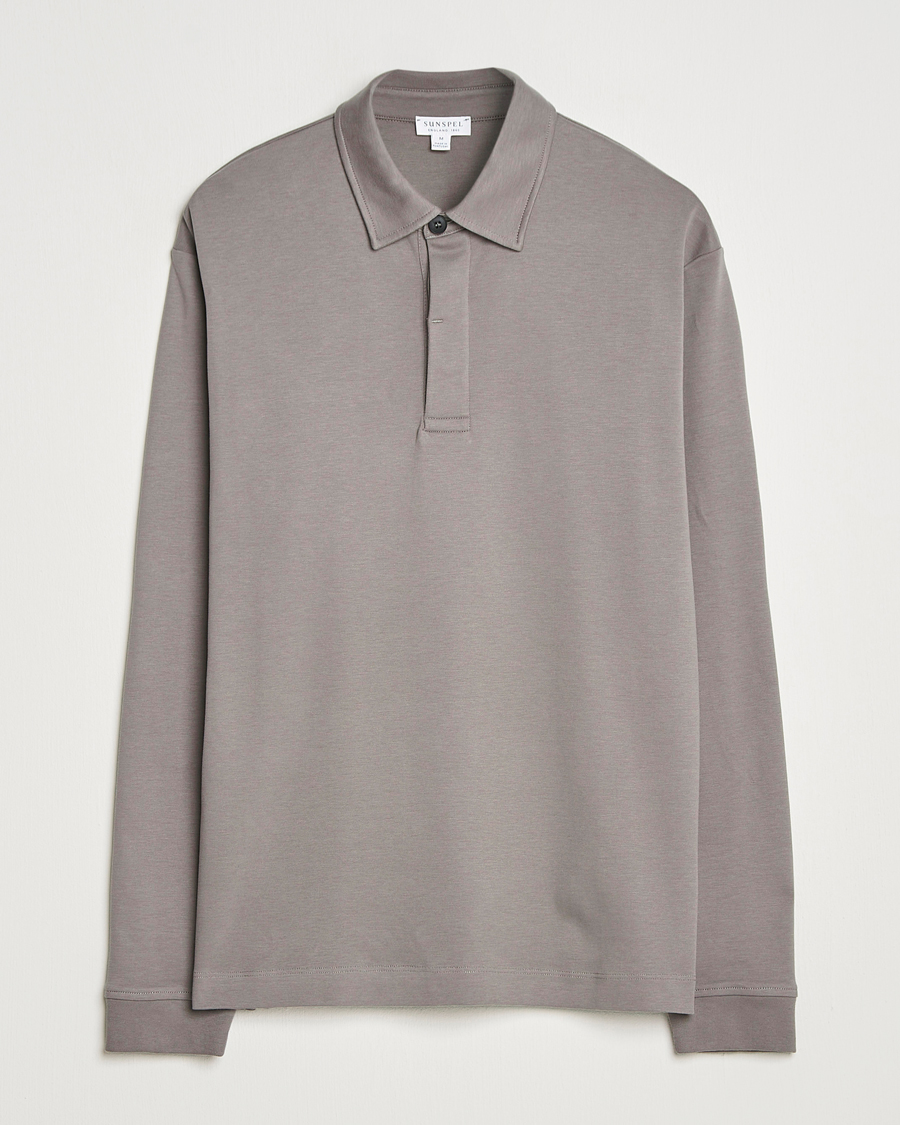 Homme | Polos | Sunspel | Heavy Weight Supima Cotton Long Sleeve Polo Iron Grey