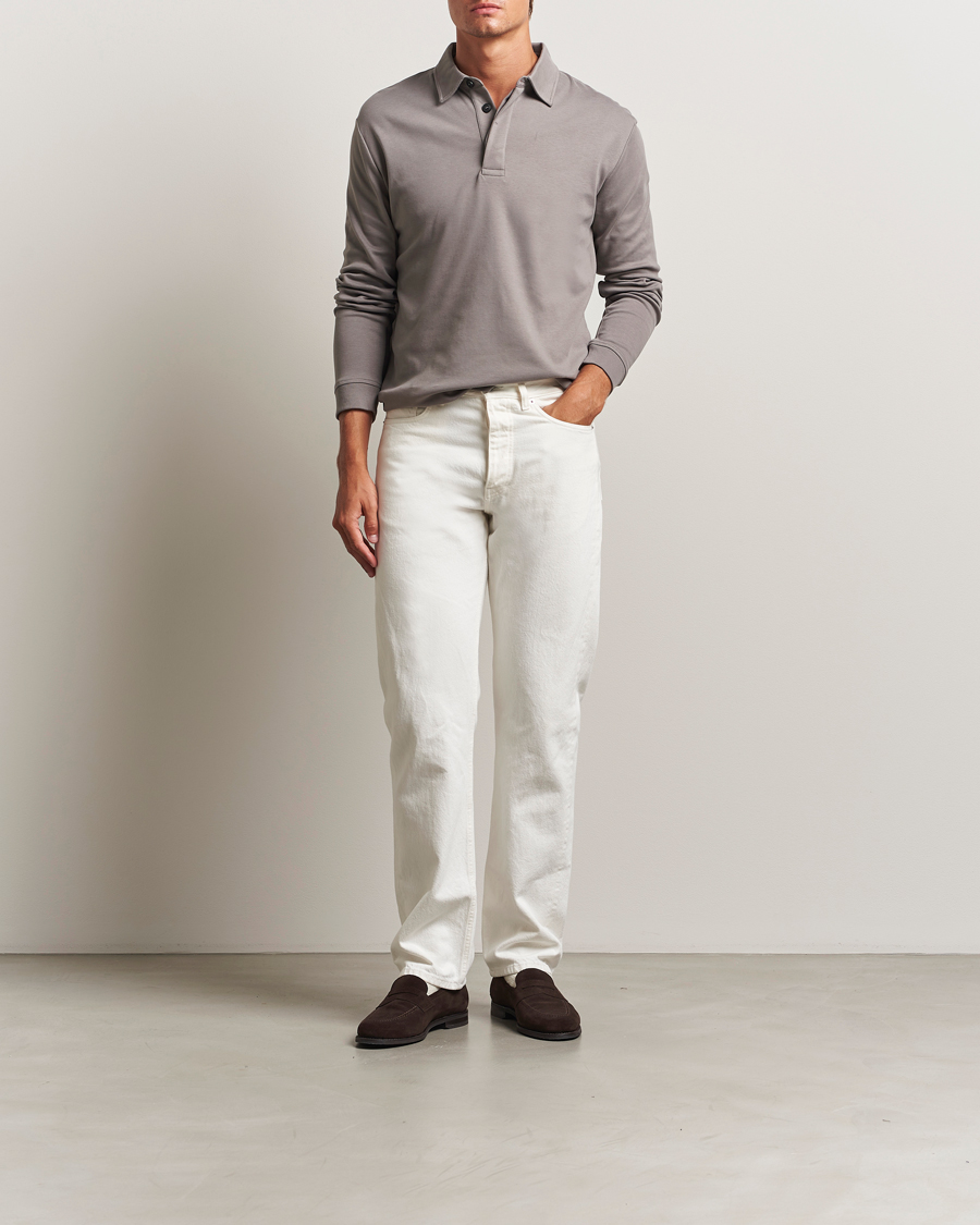 Homme | Polos | Sunspel | Heavy Weight Supima Cotton Long Sleeve Polo Iron Grey