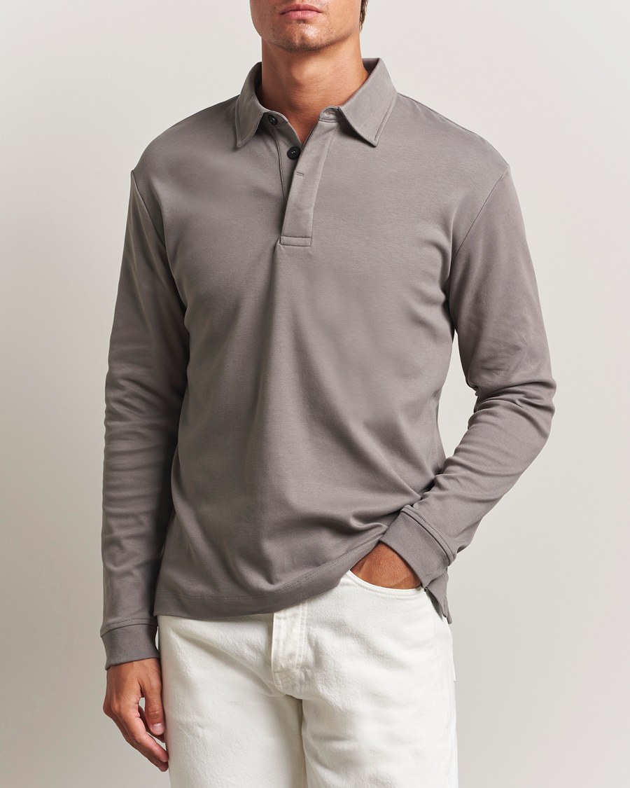 Homme | Polos | Sunspel | Heavy Weight Supima Cotton Long Sleeve Polo Iron Grey