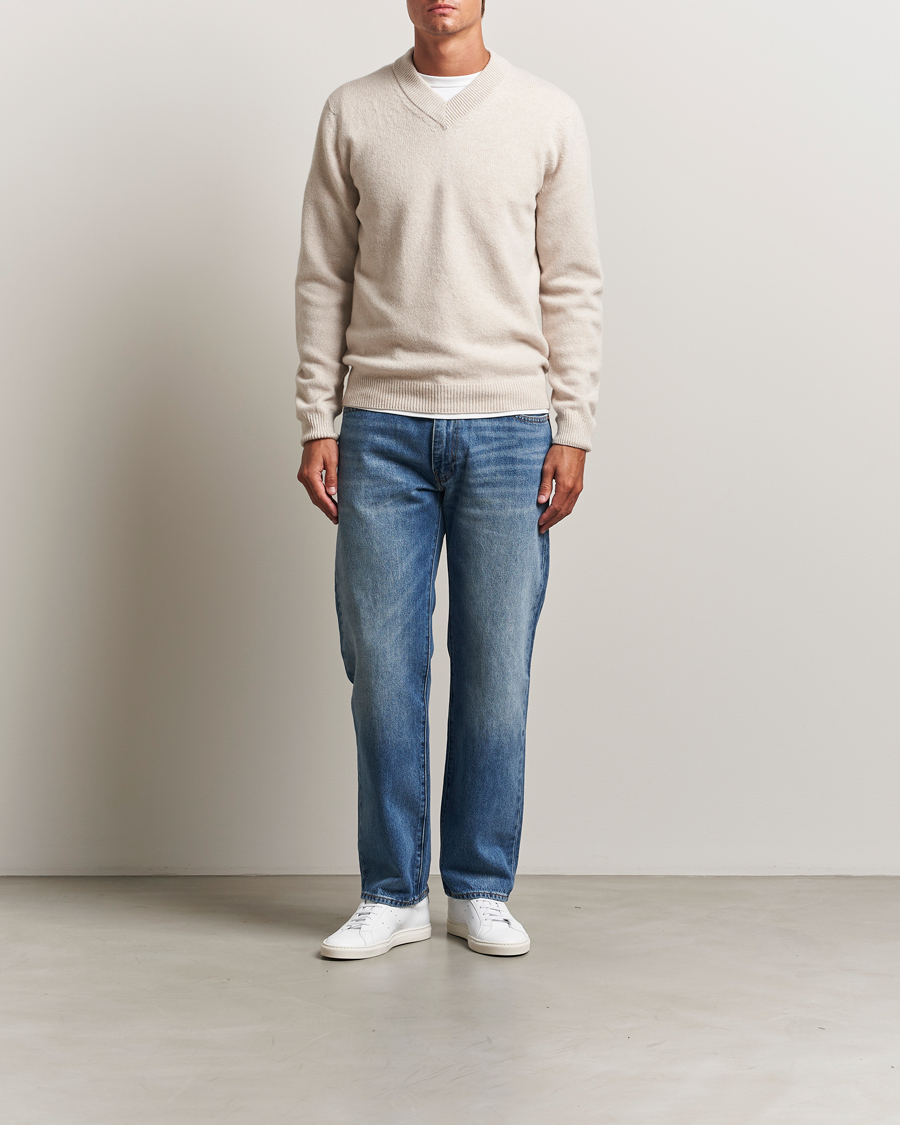 Heren | Truien | Sunspel | Knitted Lambswool V-Neck Oatmeal Melange
