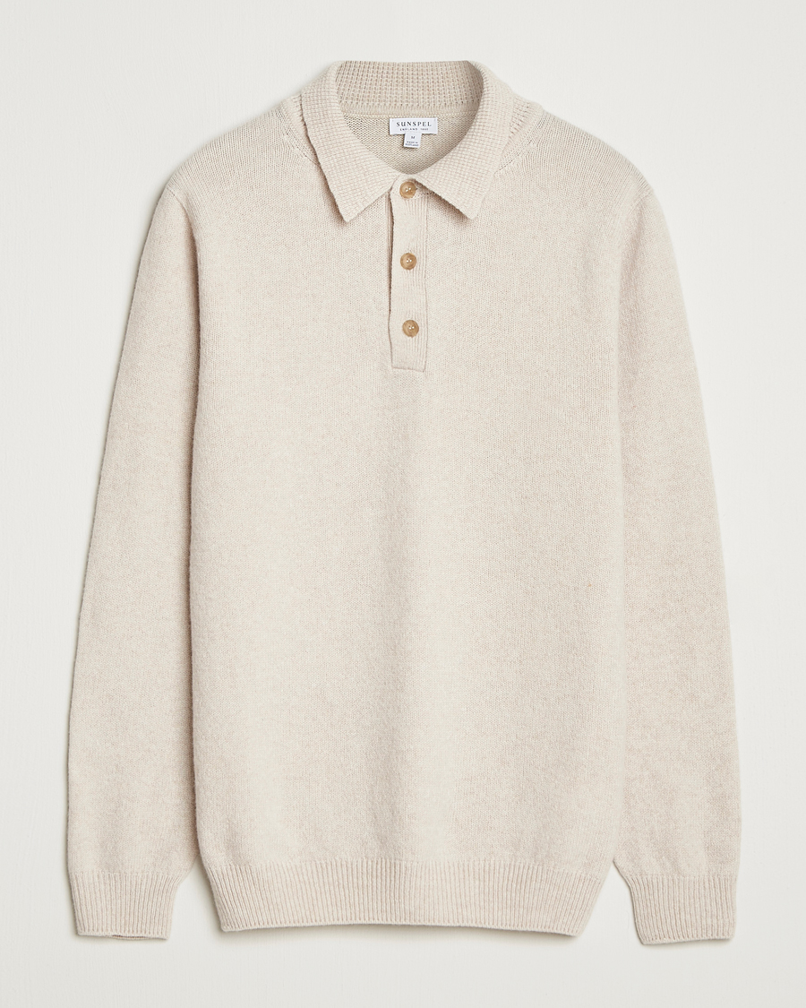 Heren | Truien | Sunspel | Lambswool Poloshirt Oatmeal Melange