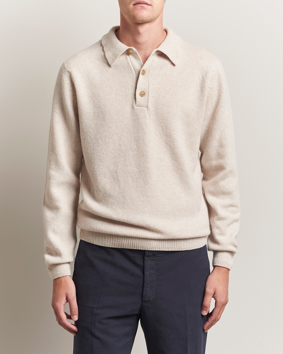 Heren | Truien | Sunspel | Lambswool Poloshirt Oatmeal Melange