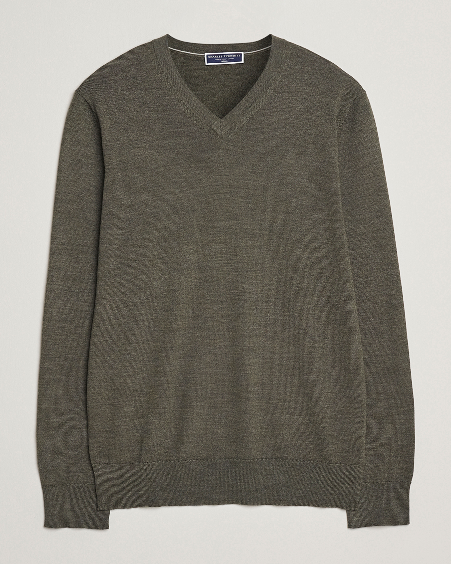 Homme | Pulls Et Tricots | Charles Tyrwhitt | Pure Merino V-Neck Jumper Olive Green