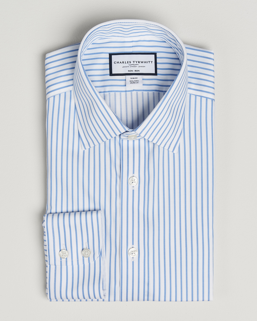 Homme | Chemises | Charles Tyrwhitt | Slim Fit Non Iron Striped Twill Cut Away Shirt White/Sky