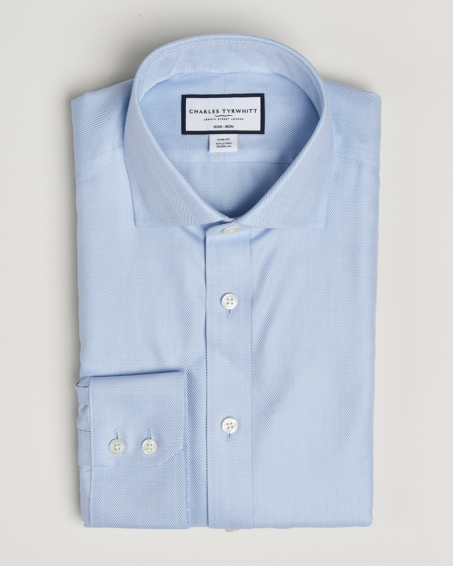Homme | Chemises | Charles Tyrwhitt | Slim Fit Non Iron Herringbone Cut Away Shirt Sky