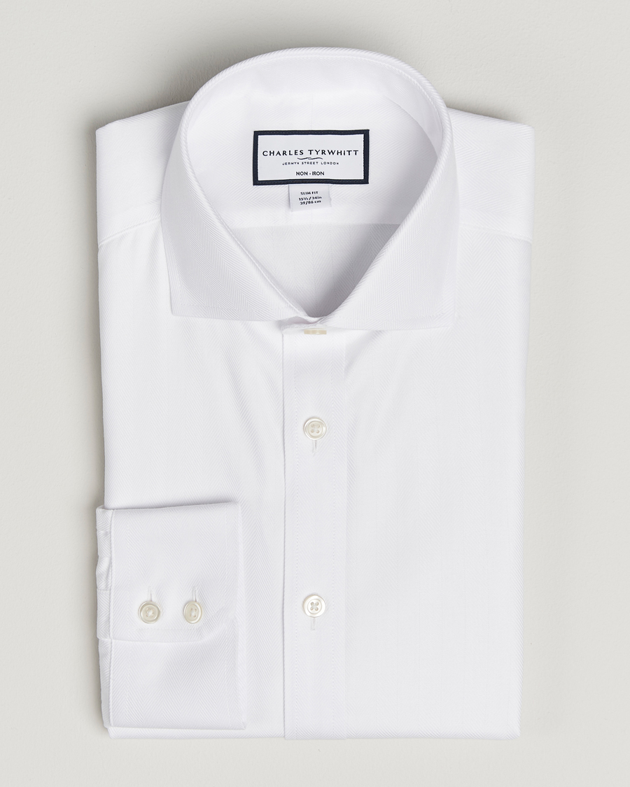 Heren | Overhemden | Charles Tyrwhitt | Slim Fit Non Iron Herringbone Cut Away Shirt White