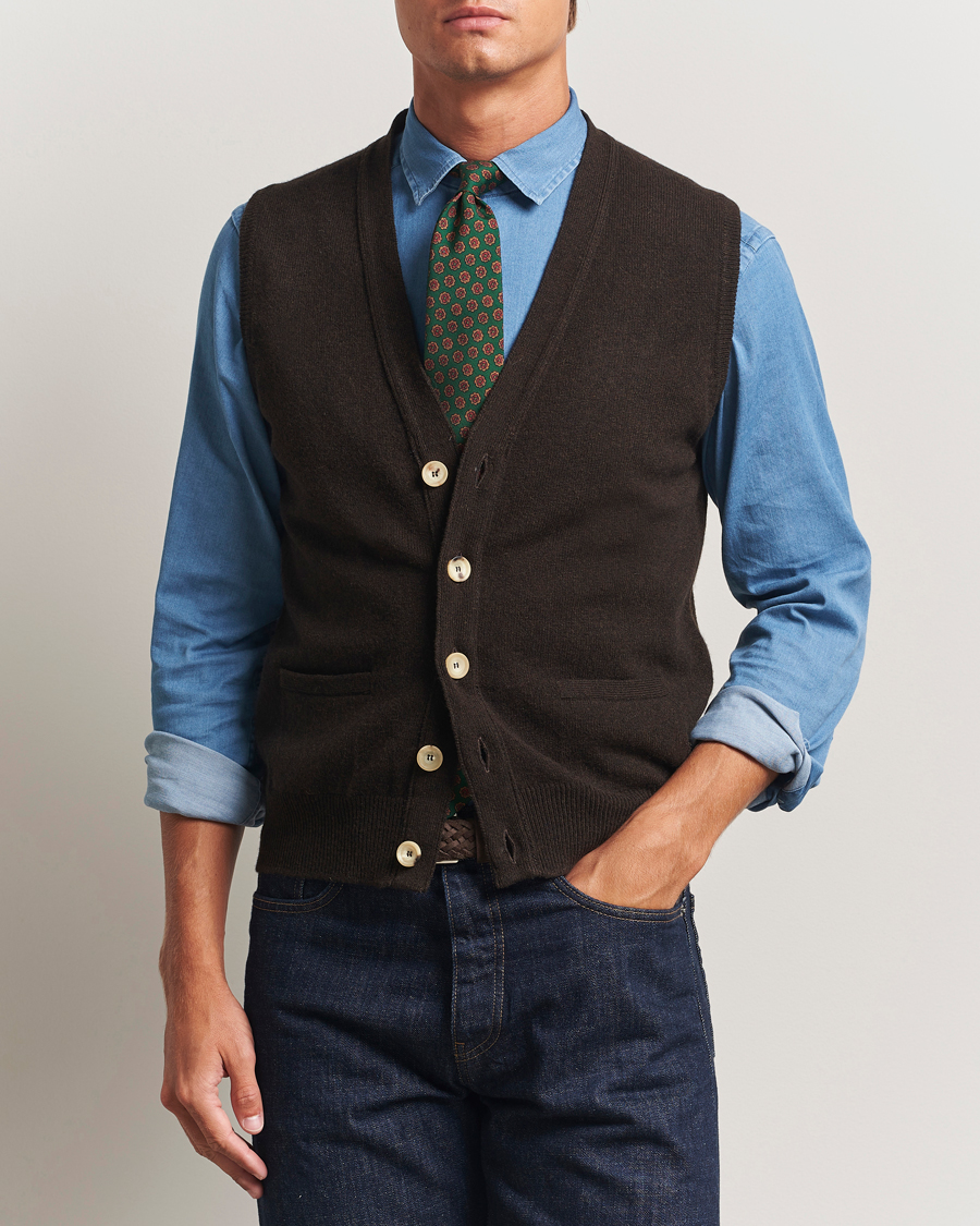 Homme | Pulls Et Tricots | Drake's | Lambswool Vest Cardigan Dark Brown
