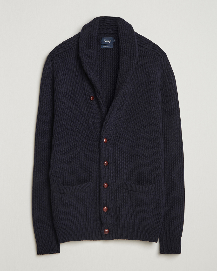 Heren | Truien | Drake's | Lambswool Shawl Collar Rib Cardigan Navy