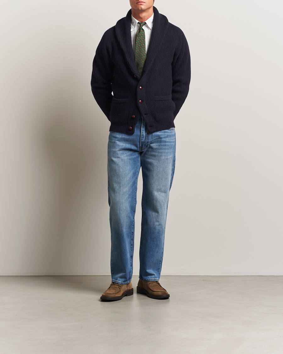 Heren | Truien | Drake's | Lambswool Shawl Collar Rib Cardigan Navy
