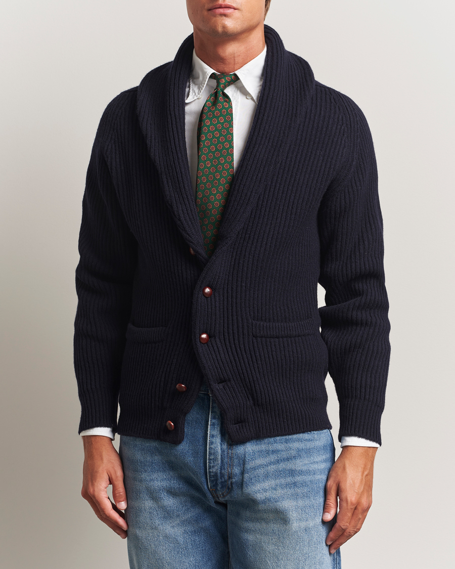 Heren | Truien | Drake's | Lambswool Shawl Collar Rib Cardigan Navy