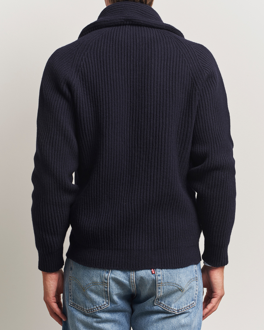 Heren | Truien | Drake's | Lambswool Shawl Collar Rib Cardigan Navy