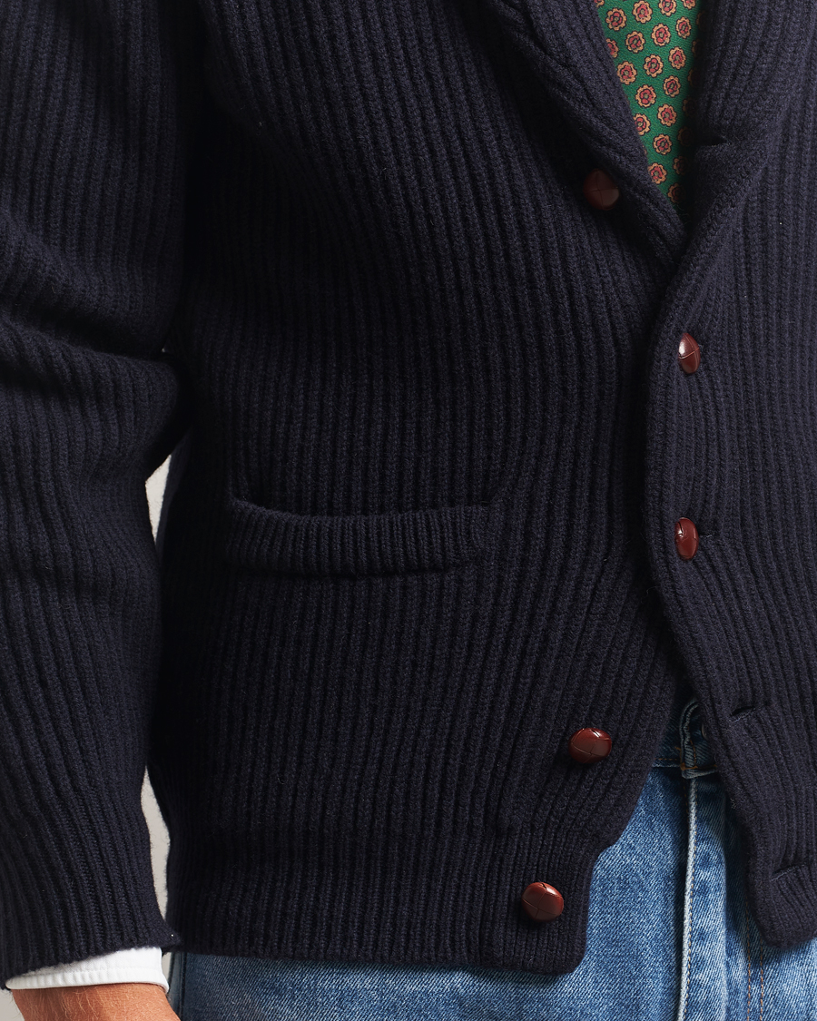 Heren | Truien | Drake's | Lambswool Shawl Collar Rib Cardigan Navy