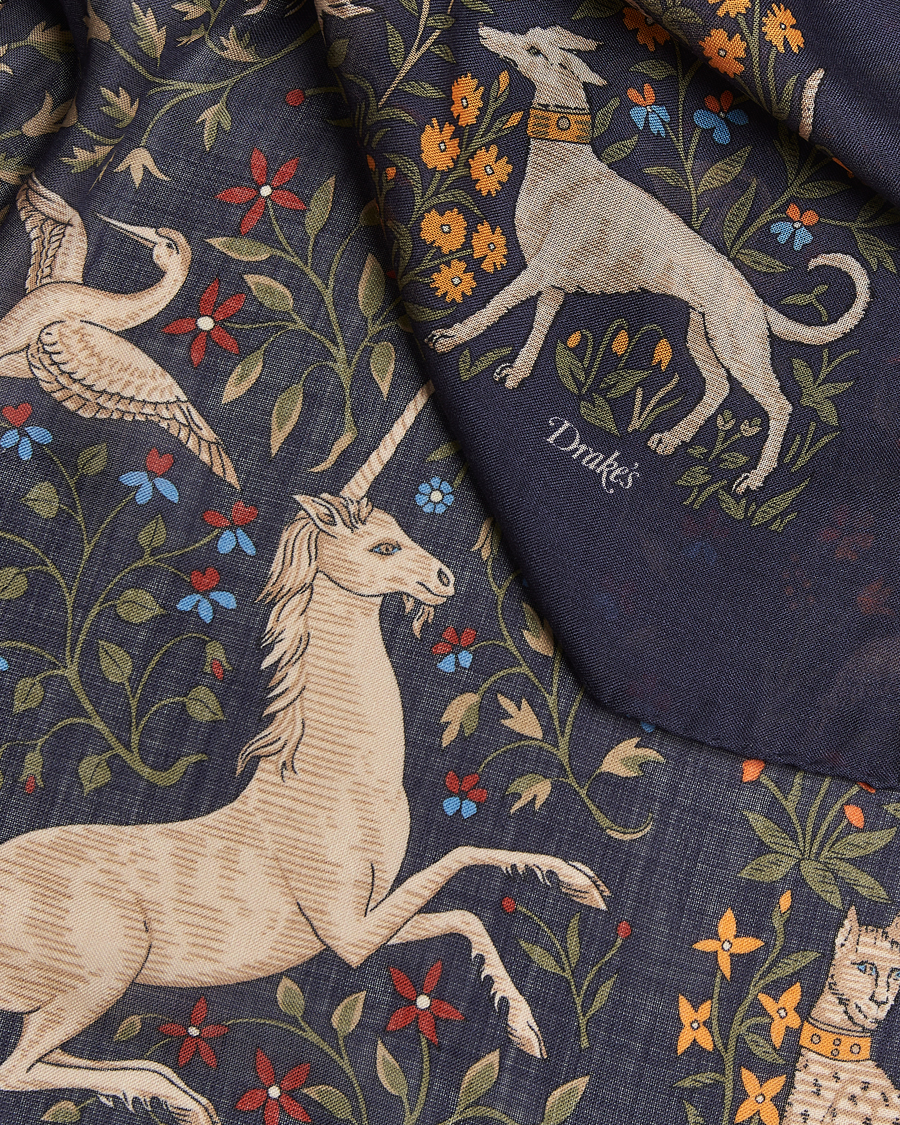 Heren | Sjaals | Drake's | Drake'sUnicorn Garden Wool/Silk ScarfNavy