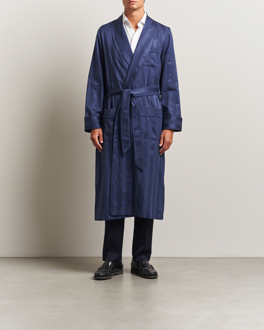 Homme | Peignoirs Et Pyjamas | Derek Rose | Striped Cotton Dressing Gown Navy