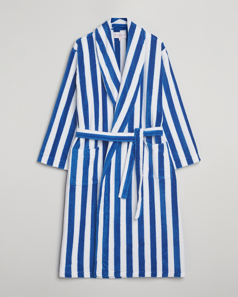 Homme | Peignoirs Et Pyjamas | Derek Rose | Striped Cotton Velour Gown Blue/White