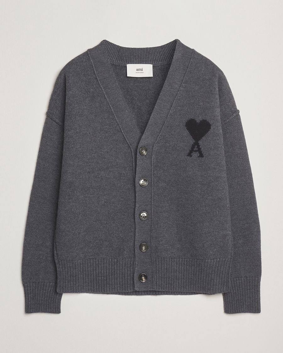 Homme | Pulls Et Tricots | AMI | Big Heart Logo Wool Knitted Cardigan Dark Grey