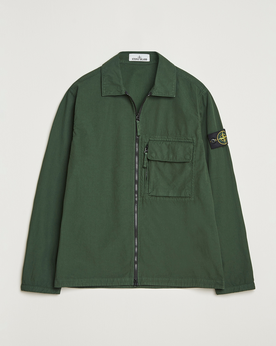 Homme | Chemises | Stone Island | Garment Dyed Organic Cotton Zip Overshirt Green