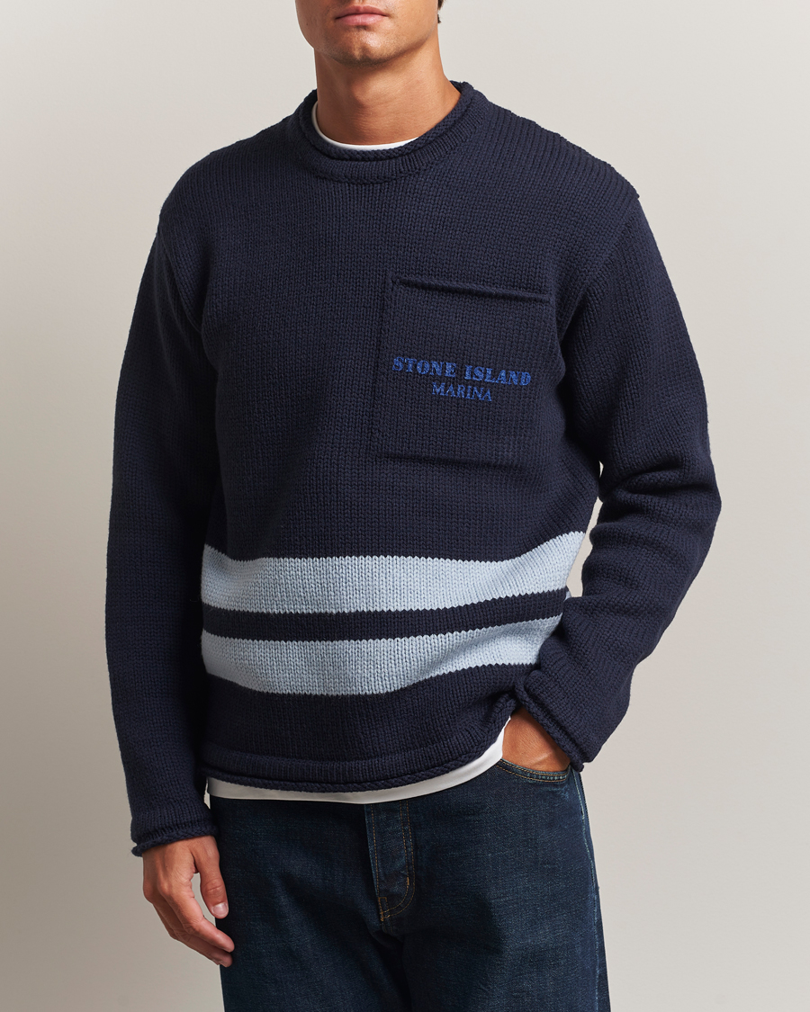 Homme | Pulls Et Tricots | Stone Island | Marina Knitted Wool Contrast Crew Neck Navy