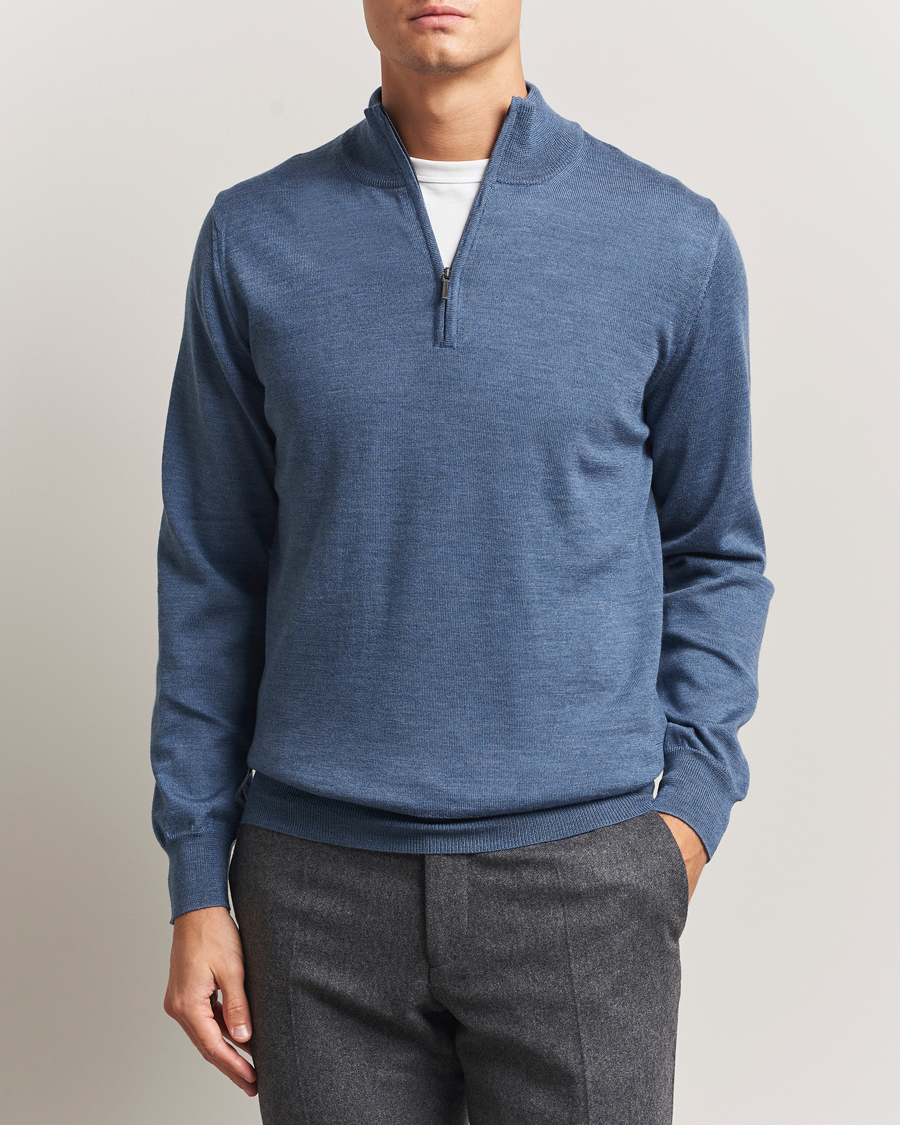 Heren | Truien | Morgano | Extra Fine Merino Wool Half-Zip Denim Blue
