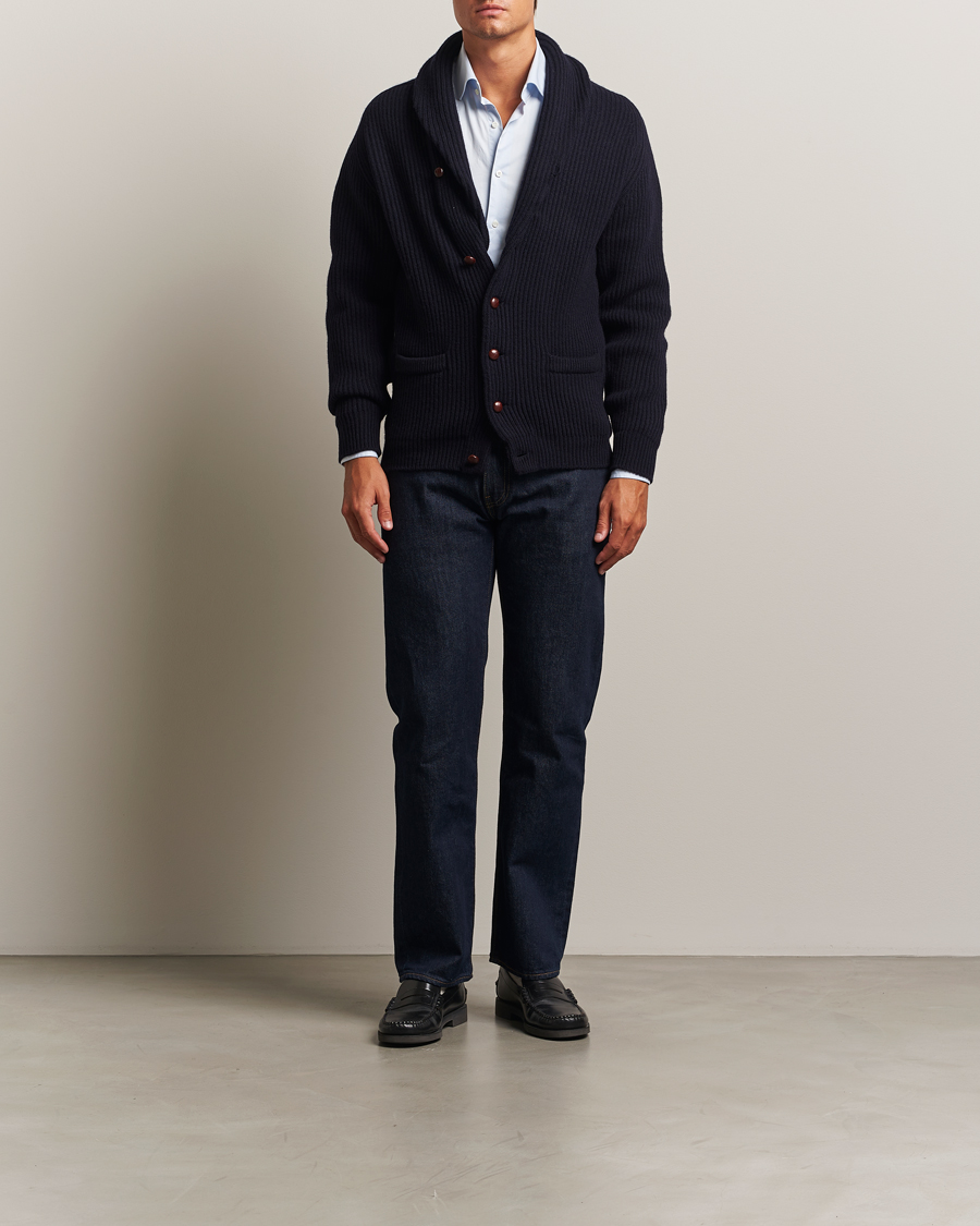 Heren | Truien | William Lockie | Windsor Geelong Lambswool Shawl Cardigan Navy