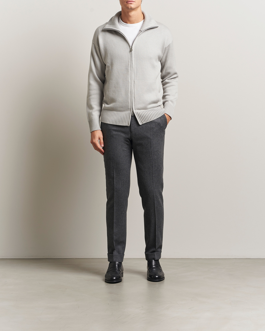 Heren | Truien | Gran Sasso | Heavy Knitted Merino Full Zip Light Grey Melange