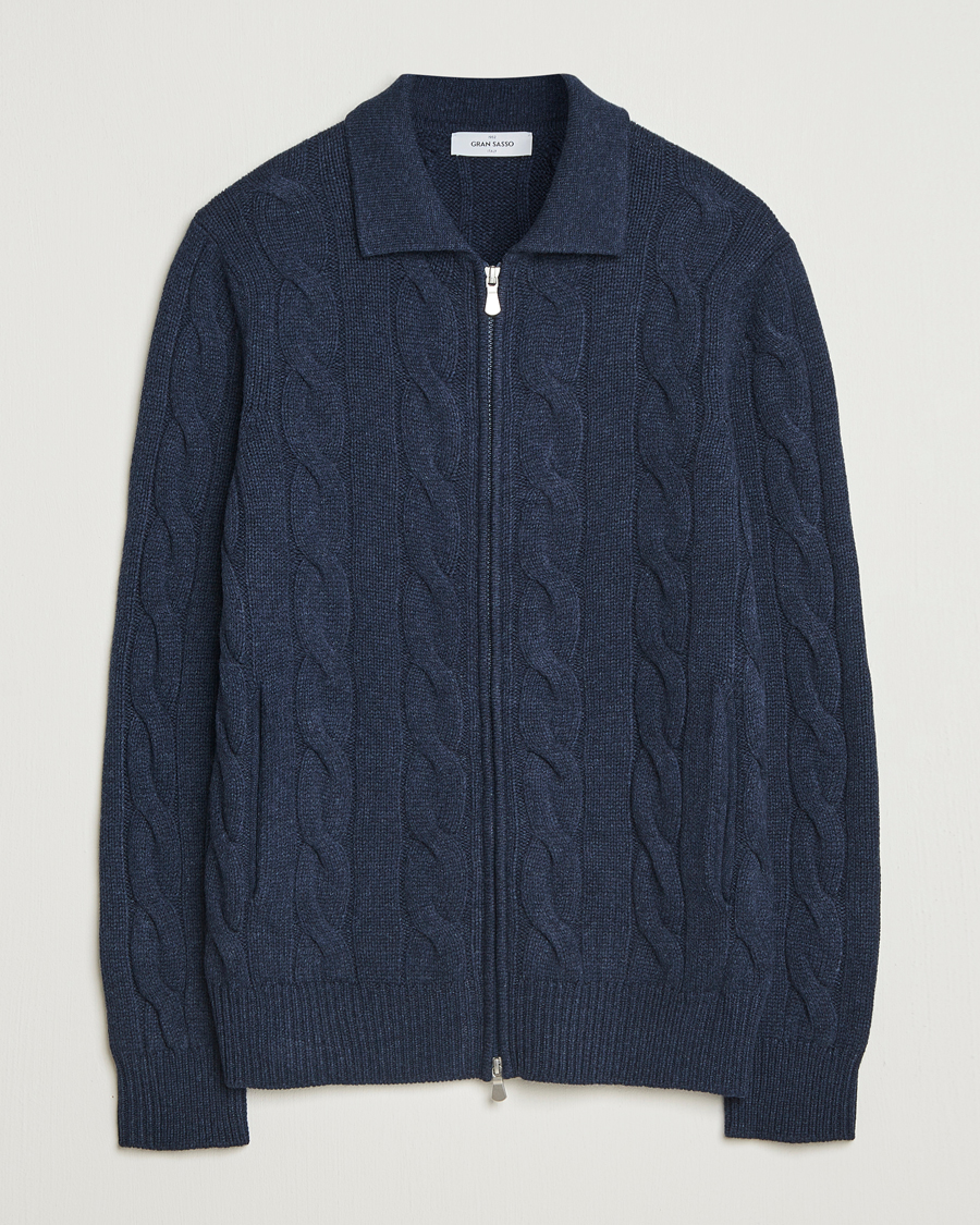 Homme | Pulls Et Tricots | Gran Sasso | Wool/Cashmere Cable Full Zip Navy Melange