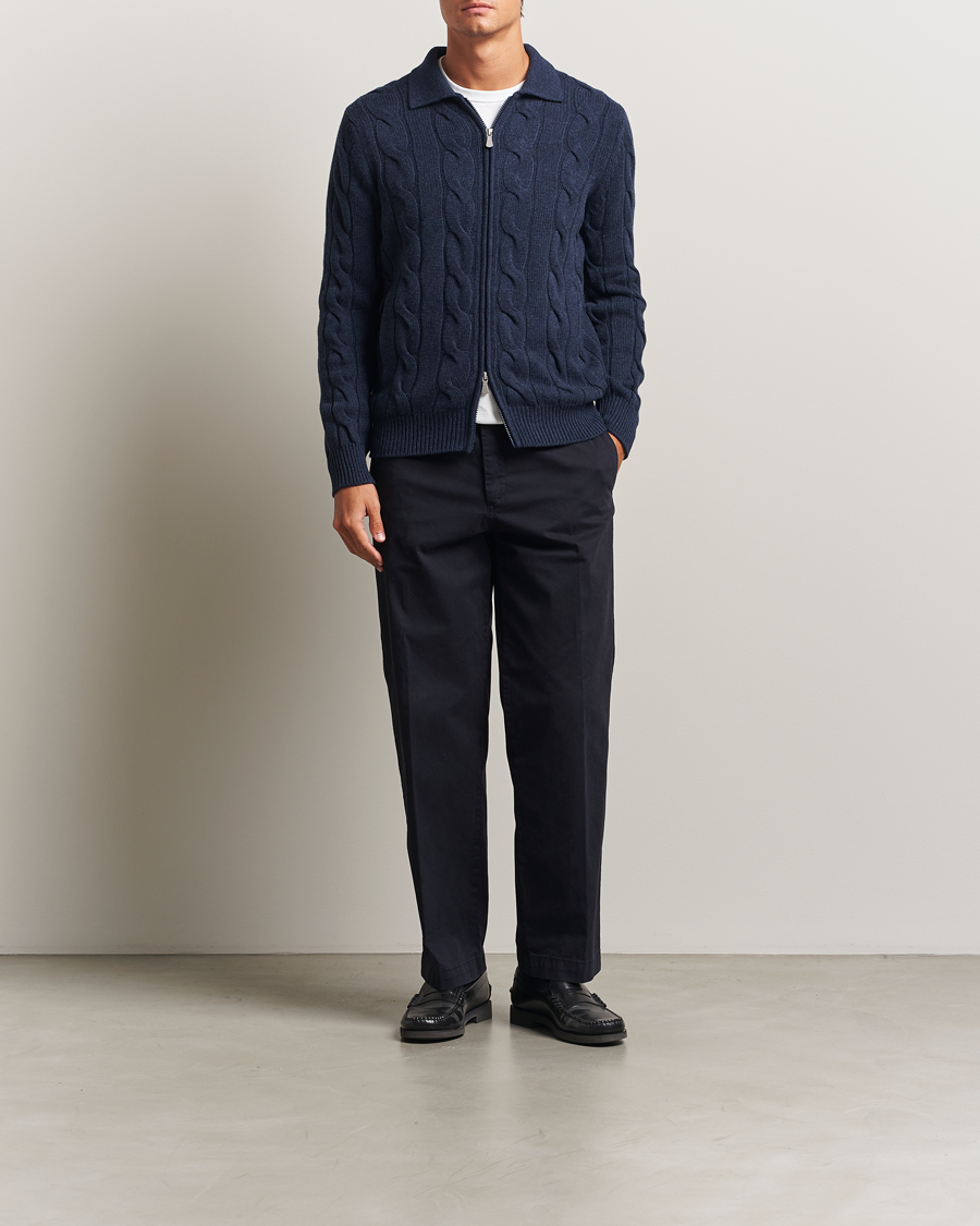 Homme | Pulls Et Tricots | Gran Sasso | Wool/Cashmere Cable Full Zip Navy Melange