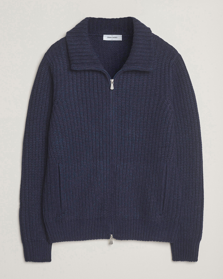 Heren | Truien | Gran Sasso | Heavy Knitted Wool Full Zip Navy Melange