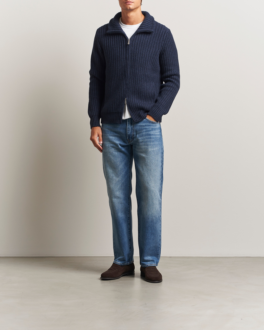 Heren | Truien | Gran Sasso | Heavy Knitted Wool Full Zip Navy Melange