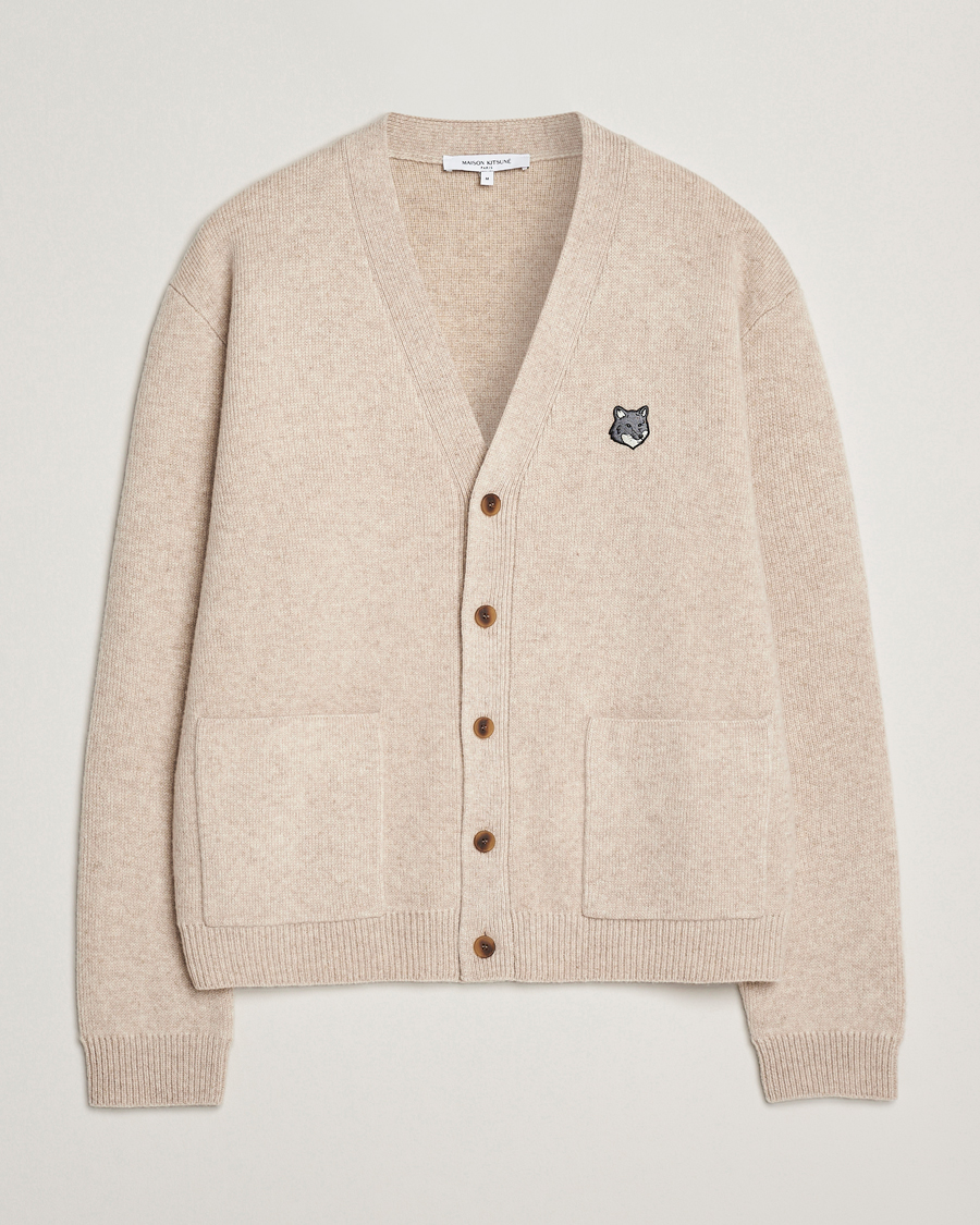 Homme | Pulls Et Tricots | Maison Kitsuné | Grey Fox Head Milano Lambswool Cardigan Tan Beige
