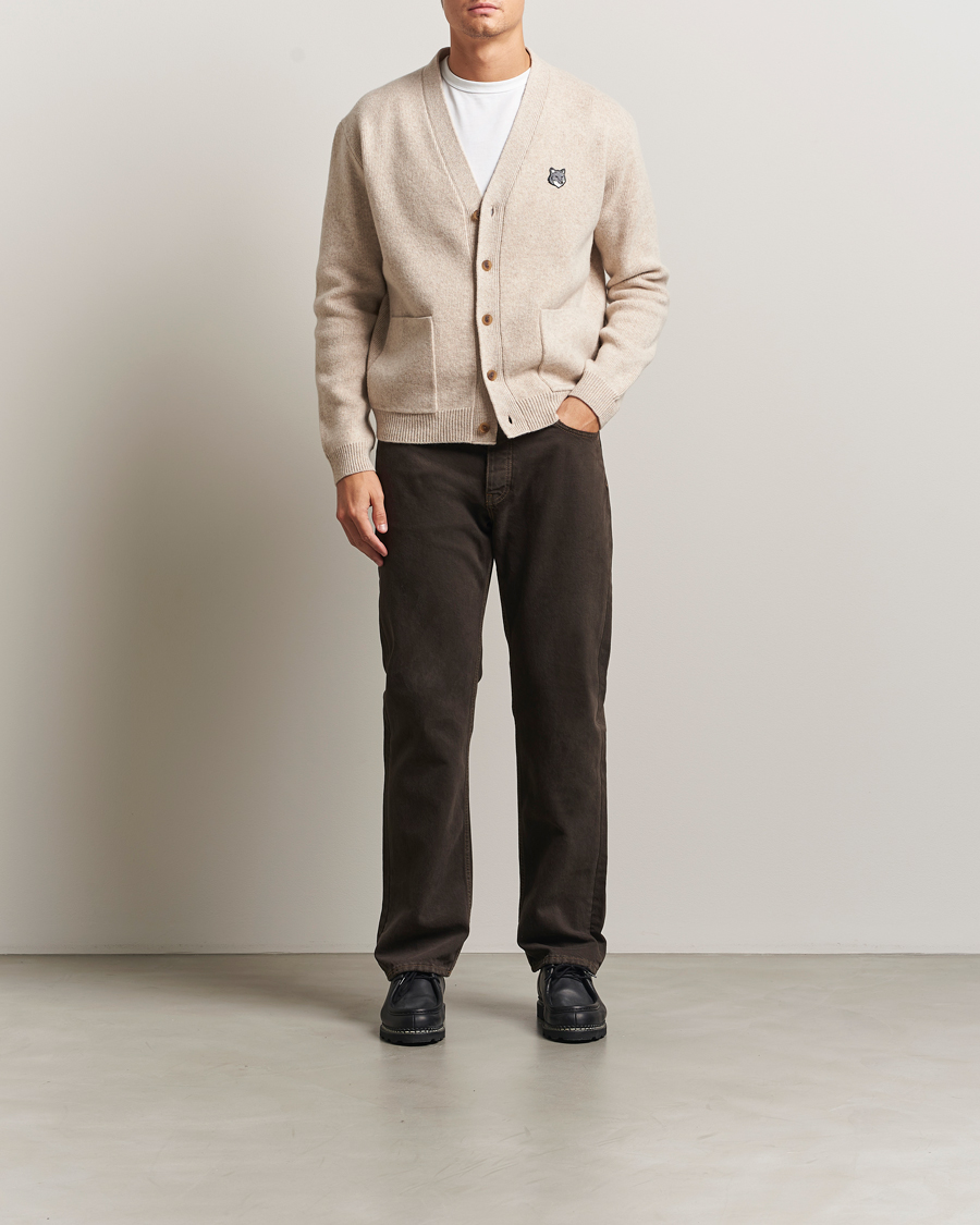 Homme | Pulls Et Tricots | Maison Kitsuné | Grey Fox Head Milano Lambswool Cardigan Tan Beige