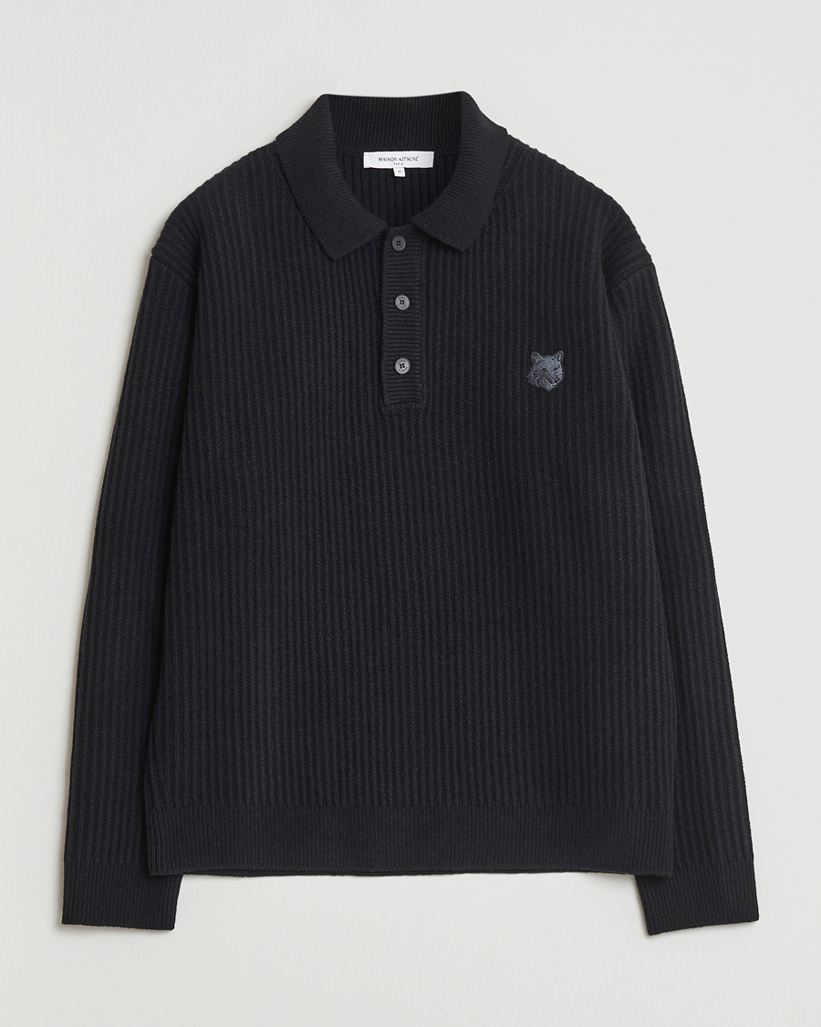 Homme | Pulls Et Tricots | Maison Kitsuné | Tonal Fox Head Wool Ribbed Polo Black